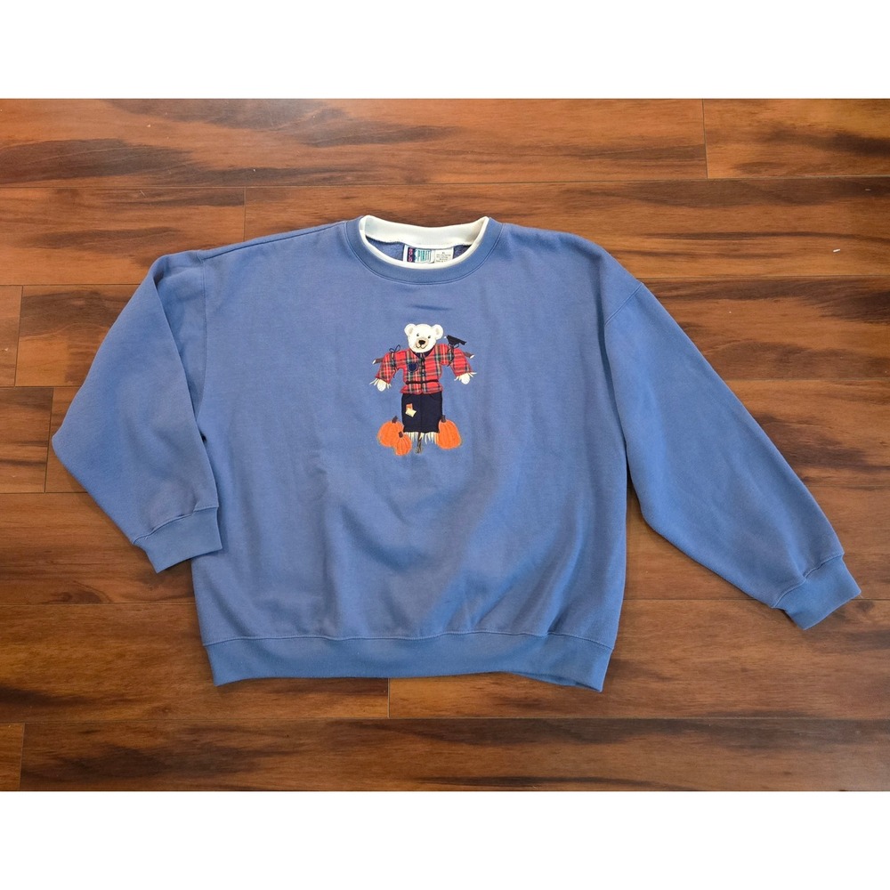 Bold Spirit Vintage Embroidered Teddy Bear Scarecrow Sweatshirt Blue XL